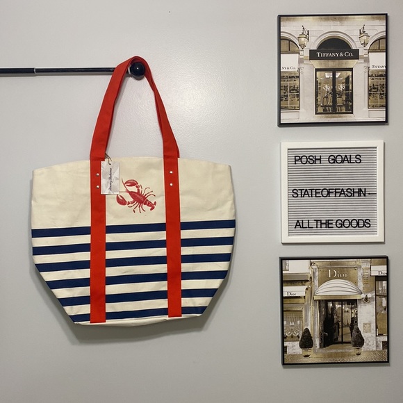 COPY - Tommy Bahama tan/blue/orange striped lobster print oversized tote 18x22x8 - Picture 6 of 7